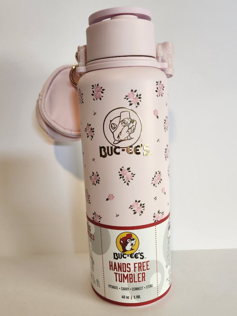 Buc-ee's Hands Free Tumbler 40 oz Stainless Steel With Zip Pouch Floral Pattern